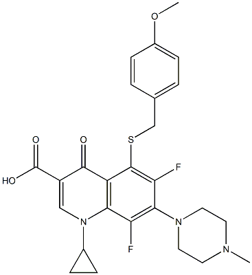 1-Cyclopropyl-6,8-difluoro-1,4-dihydro-5-(4-methoxybenzylthio)-7-(4-methyl-1-piperazinyl)-4-oxoquinoline-3-carboxylic acid Struktur