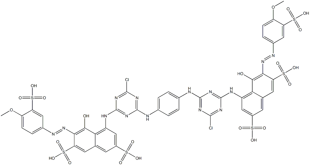 4,4'-[1,4-フェニレンビス[イミノ(6-クロロ-1,3,5-トリアジン-4,2-ジイル)イミノ]]ビス[5-ヒドロキシ-6-[(4-メトキシ-3-スルホフェニル)アゾ]-2,7-ナフタレンジスルホン酸] 化学構造式