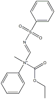 N-Ethoxycarbonyl-N-methyl-N-(phenylsulfonyliminomethyl)benzenaminium Struktur