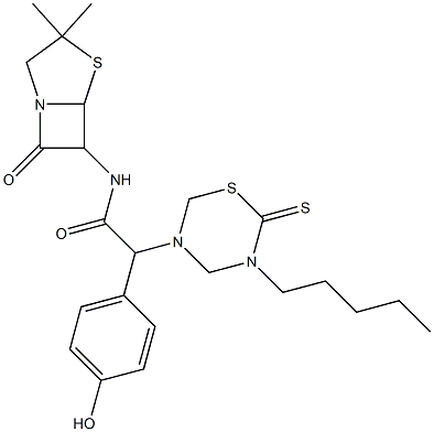 7-オキソ-3,3-ジメチル-6-[[[(テトラヒドロ-2-チオキソ-3-ペンチル-2H-1,3,5-チアジアジン)-5-イル](4-ヒドロキシフェニル)アセチル]アミノ]-4-チア-1-アザビシクロ[3.2.0]ヘプタン 化学構造式