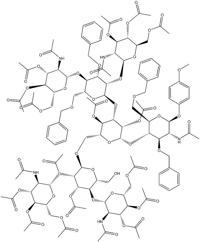 4-Methoxyphenyl 2-acetamido-3,6-di-O-benzyl-4-O-{2,4-di-O-acetyl-3-O-[3,6-di-O-benzyl-2,4-di-O-(3,4,6-tri-O-acetyl-2-acetamido-2-deoxy-b-D-glucopyranosyl)-a-D-mannopyranosyl]-6-O-[2,3-di-O-acetyl-2,4-di-O-(3,4,6-tri-O-acetyl-2-acetamido-2-deoxy-b-D-glucopyranosyl)-a-D-mannopyranosyl]-b-D-mannopyranosyl}-2-deoxy-b-D-glucopyranoside Struktur
