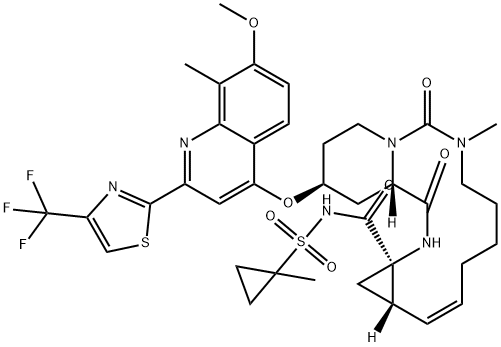(2S,12Z,13aS,14aR,16aS)-2-({7-Methoxy-8-methyl-2-[4-(trifluoromethyl)-1,3-thiazol-2-yl]-4-quinolinyl}oxy)-7-methyl-N-[(1-methylcyclopropyl)sulfonyl]-6,16-dioxo-,1251165-81-7,结构式