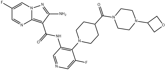 2-amino-6-fluoro-N-(5-fluoro-4-(4-(4-(oxetan-3-yl)piperazine-1-carbonyl)piperidin-1-yl)pyridin-3-yl)pyrazolo[1,5-a]pyrimidine-3-carboxamide(WXC04788) 化学構造式