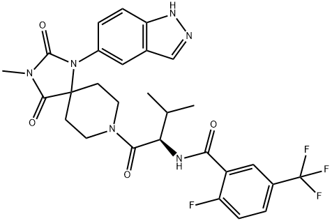 Benzamide, 2-fluoro-N-[(1R)-1-[[1-(1H-indazol-5-yl)-3-methyl-2,4-dioxo-1,3,8-triazaspiro[4.5]dec-8-yl]carbonyl]-2-methylpropyl]-5-(trifluoromethyl)-,1815589-34-4,结构式