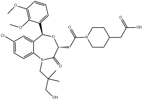 1-[2-[[(3R)-1-(3-ヒドロキシ-2,2-ジメチルプロピル)-2-オキソ-5α-(2,3-ジメトキシフェニル)-6-クロロ-1,2,3,5-テトラヒドロ-4,1-ベンゾオキサゼピン]-3β-イル]アセチル]ピペリジン-4-酢酸 化学構造式