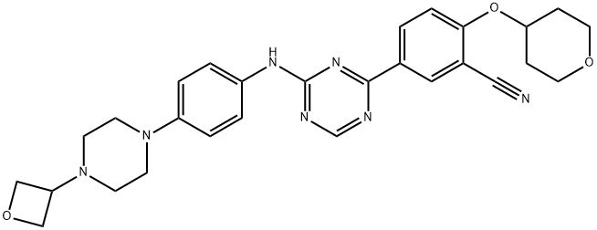 Benzonitrile, 5-[4-[[4-[4-(3-oxetanyl)-1-piperazinyl]phenyl]amino]-1,3,5-triazin-2-yl]-2-[(tetrahydro-2H-pyran-4-yl)oxy]-, 1893397-65-3, 结构式