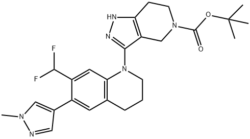 5H-Pyrazolo[4,3-c]pyridine-5-carboxylic acid, 3-[7-(difluoromethyl)-3,4-dihydro-6-(1-methyl-1H-pyrazol-4-yl)-1(2H)-quinolinyl]-1,4,6,7-tetrahydro-, 1,1-dimethylethyl ester,1936429-40-1,结构式