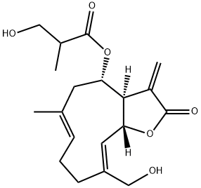3-Hydroxy-2-methylpropionic acid [(3aR)-2,3,3aβ,4,5,8,9,11aα-octahydro-10-hydroxymethyl-6-methyl-3-methylene-2-oxocyclodeca[b]furan-4β-yl] ester,19889-01-1,结构式