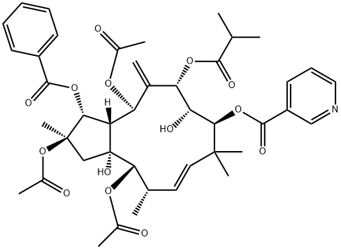 2,5,14-Triacetoxy-3-benzoyloxy-8,15-dihydroxy-7-isobutyroyloxy-9-nicotinoyloxyjatropha-6(17),11E-diene Struktur