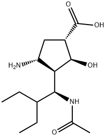 Cyclopentanecarboxylic acid, 3-[(1S)-1-(acetylamino)-2-ethylbutyl]-4-amino-2-hydroxy-, (1S,2S,3R,4R)- Struktur