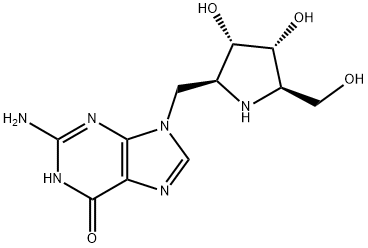 6H-Purin-6-one, 2-amino-9-(2S,3S,4R,5R)-3,4-dihydroxy-5-(hydroxymethyl)-2-pyrrolidinylmethyl-1,9-dihydro- Struktur