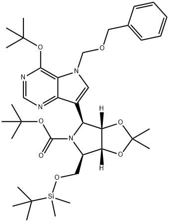 5H-1,3-Dioxolo4,5-cpyrrole-5-carboxylic acid, 4-4-(1,1-dimethylethoxy)-5-(phenylmethoxy)methyl-5H-pyrrolo3,2-dpyrimidin-7-yl-6-(1,1-dimethylethyl)dimethylsilyloxymethyltetrahydro-2,2-dimethyl-, 1,1-dimethylethyl ester, (3aS,4S,6R,6aR)- 化学構造式