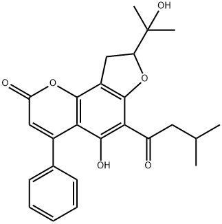8,9-ジヒドロ-5-ヒドロキシ-8-(1-ヒドロキシ-1-メチルエチル)-6-(3-メチル-1-オキソブチル)-4-フェニル-2H-フロ[2,3-h]-1-ベンゾピラン-2-オン 化学構造式