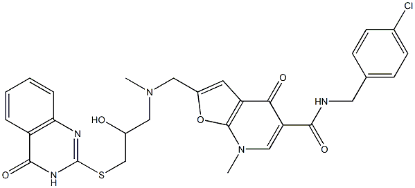 Furo[2,3-b]pyridine-5-carboxamide,  N-[(4-chlorophenyl)methyl]-2-[[[3-[(1,4-dihydro-4-oxo-2-quinazolinyl)thio]-2-hydroxypropyl]methylamino]methyl]-4,7- 化学構造式