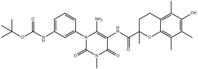 Carbamic  acid,  [3-[6-amino-5-[[(3,4-dihydro-6-hydroxy-2,5,7,8-tetramethyl-2H-1-benzopyran-2-yl)carbonyl]amino]-3,4-dihydro-3-methyl-2,4-dioxo-1(2H)- 化学構造式