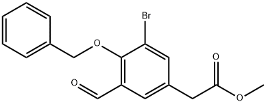 Benzeneacetic acid, 3-bromo-5-formyl-4-(phenylmethoxy)-, methyl ester 化学構造式