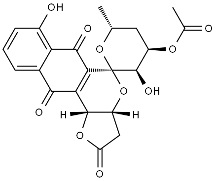 (5R,3aR,11bR)-4'α-アセチルオキシ-3',3a,4',5',6',11b-ヘキサヒドロ-3'α,7-ジヒドロキシ-6'β-メチルスピロ[5H-フロ[3,2-b]ナフト[2,3-d]ピラン-5,2'-[2H]ピラン]-2,6,11(3H)-トリオン 化学構造式