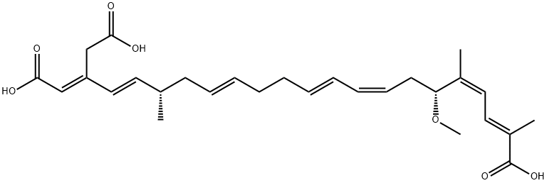 (6R,17S,2E,4Z,8Z,10E,14E,18E,20E)-20-(Carboxymethyl)-6-methoxy-2,5,17-trimethyl-2,4,8,10,14,18,20-docosaheptenedioic acid Structure