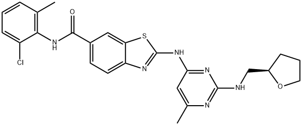 N-(2-クロロ-6-メチルフェニル)-2-[2-[[(2R)-テトラヒドロフラン-2β-イル]メチルアミノ]-6-メチル-4-ピリミジニルアミノ]ベンゾチアゾール-6-カルボアミド 化学構造式