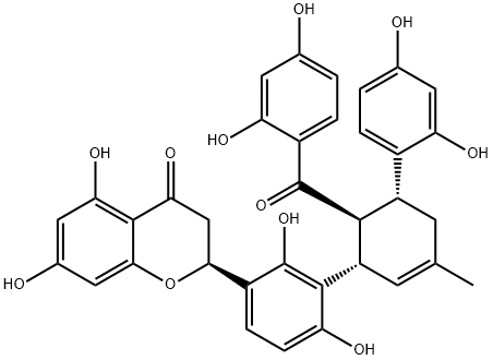 4H-1-Benzopyran-4-one, 2-[3-[(1S,5R,6S)-6-(2,4-dihydroxybenzoyl)-5-(2,4-dihydroxyphenyl)-3-methyl-2-cyclohexen-1-yl]-2,4-dihydroxyphenyl]-2,3-dihydro-5,7-dihydroxy-, (2S)- 化学構造式