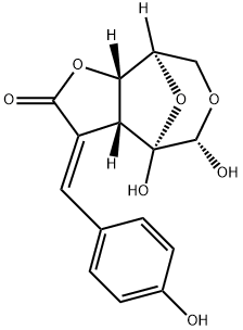 4,8-Epoxyfuro[2,3-d]oxepin-2(3H)-one, hexahydro-4,5-dihydroxy-3-[(4-hydroxyphenyl)methylene]-, (3E,3aR,4R,5S,8R,8aS)- 化学構造式