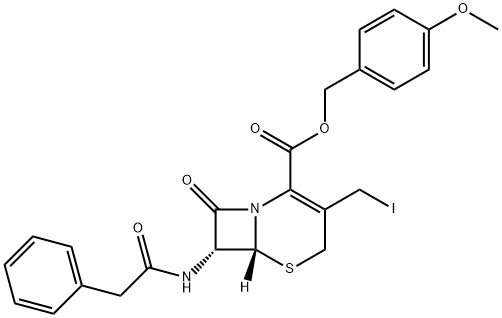 5-Thia-1-azabicyclo[4.2.0]oct-2-ene-2-carboxylic acid, 3-(iodomethyl)-8-oxo-7-[(2-phenylacetyl)amino]-, (4-methoxyphenyl)methyl ester, (6R,7R)- 化学構造式