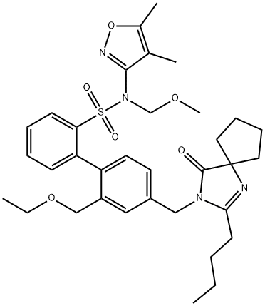 4'-[(2-butyl-4-oxo-1,3-diazaspiro[4.4]non-3-en-1-yl)methyl]-N-(4,5-dimethyl-3-isoxazolyl)-2'-(ethoxymethyl)-N-(methoxymethyl)[1,1'-biphenyl]-2-sulfonamide Struktur