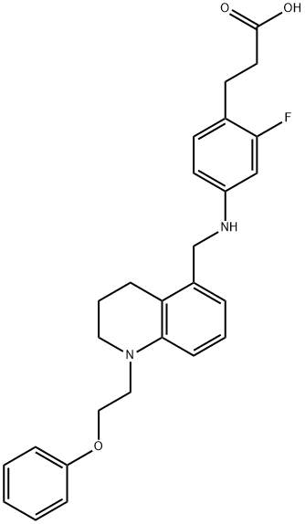 3-[2-フルオロ-4-({[1-(2-フェノキシエチル)-1,2,3,4-テトラヒドロキノリン-5-イル]メチル}アミノ)フェニル]プロパン酸 化学構造式