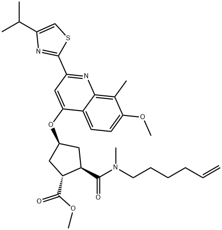 (1R,2R,4S)-2-[(5-己烯-1-基甲基氨基)羰基]-4-[[7-甲氧基-8-甲基-2-[4-异丙基-2-噻唑基]-4-喹啉基]氧基]环戊烷羧酸甲酯 结构式