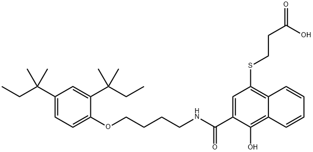 3-(3-(4-(2,4-bis(1,1-dimethylpropyl)phenoxy)butylaminocarbonyl-4-hydroxy-1-naphthalenyl)thio)propanoic acid,105488-33-3,结构式