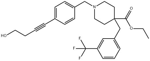 4-Piperidinecarboxylic acid, 1-[[4-(4-hydroxy-1-butyn-1-yl)phenyl]methyl]-4-[[3-(trifluoromethyl)phenyl]methyl]-, ethyl ester 化学構造式