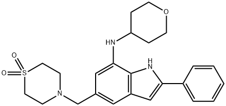 1H-Indol-7-amine, 5-[(1,1-dioxido-4-thiomorpholinyl)methyl]-2-phenyl-N-(tetrahydro-2H-pyran-4-yl)- Struktur