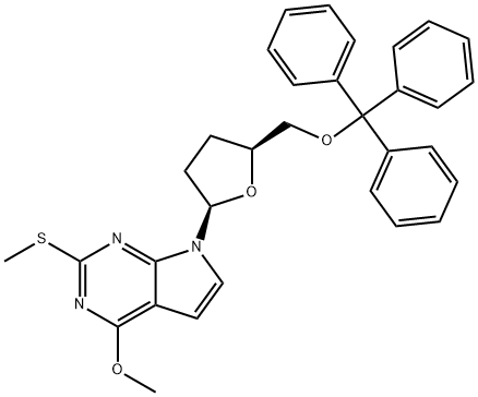 7H-Pyrrolo[2,3-d]pyrimidine, 4-methoxy-2-(methylthio)-7-[tetrahydro-5-[(triphenylmethoxy)methyl]-2-furanyl]-, (2R-cis)- (9CI) Structure