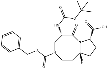 Pyrrolo[1,2-a][1,5]diazocine-3,8(4H)-dicarboxylic acid, 5-[[(1,1-dimethylethoxy)carbonyl]amino]octahydro-6-oxo-, 3-(phenylmethyl) ester, (5S,8S,10aR)- Struktur