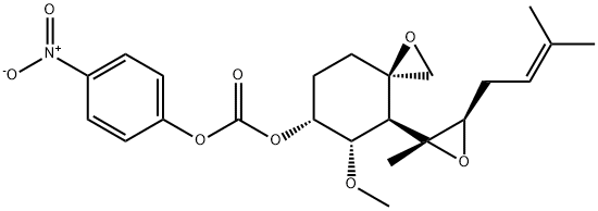 Carbonic acid, (3R,4S,5S,6R)-5-methoxy-4-[(2R,3R)-2-methyl-3-(3-methyl-2-buten-1-yl)-2-oxiranyl]-1-oxaspiro[2.5]oct-6-yl 4-nitrophenyl ester 化学構造式