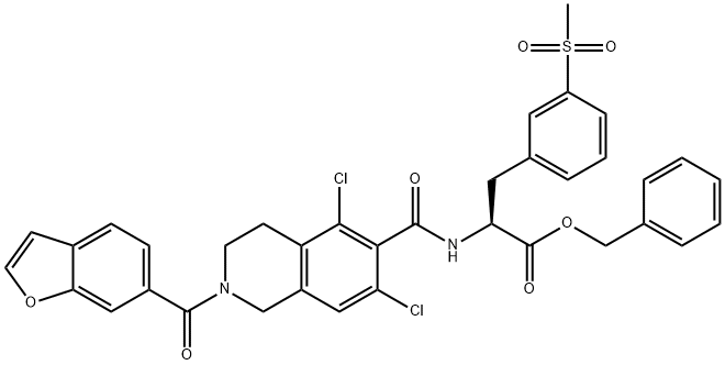 benzyl (S)-2-(2-(benzofuran-6-carbonyl)-5,7-dichloro-1,2,3,4-tetrahydroisoquinoline-6-carboxamido)-3-(3-(methylsulfonyl)phenyl)propanoate 化学構造式