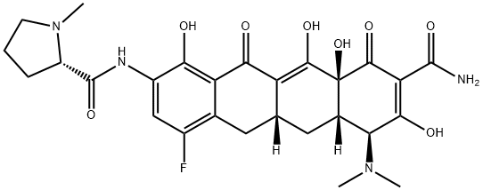 2-Pyrrolidinecarboxamide, N-[(5aR,6aS,7S,10aS)-9-(aminocarbonyl)-7-(dimethylamino)-4-fluoro-5,5a,6,6a,7,10,10a,12-octahydro-1,8,10a,11-tetrahydroxy-10,12-dioxo-2-naphthacenyl]-1-methyl-, (2S)- Struktur