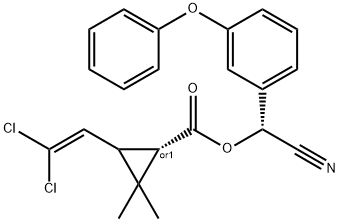 rel-(1R*)-2-(2,2-ジクロロエテニル)-3,3-ジメチルシクロプロパンカルボン酸(αS*)-α-シアノ-3-フェノキシベンジル 化学構造式