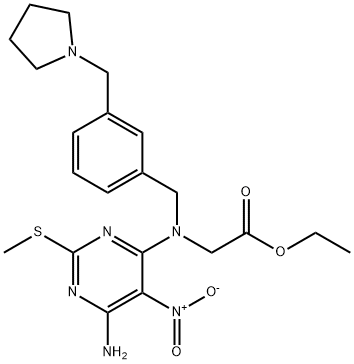 Glycine, N-[6-amino-2-(methylthio)-5-nitro-4-pyrimidinyl]-N-[[3-(1-pyrrolidinylmethyl)phenyl]methyl]-, ethyl ester Structure