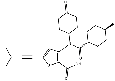 5-(3,3-Dimethyl-1-butyn-1-yl)-3-[[(trans-4-methylcyclohexyl)carbonyl](4-oxocyclohexyl)amino]-2-thiophenecarboxylic acid 化学構造式
