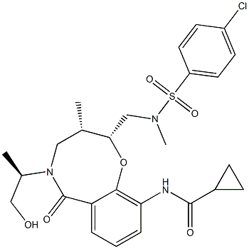 3,4,5,6-テトラヒドロ-2β-[[(4-クロロフェニルスルホニル)(メチル)アミノ]メチル]-3β-メチル-5-[(R)-1-メチル-2-ヒドロキシエチル]-6-オキソ-10-(シクロプロピルカルボニルアミノ)-2H-1,5-ベンゾオキサゾシン 化学構造式