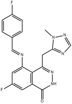 1(2H)-Phthalazinone, 7-fluoro-5-[(E)-[(4-fluorophenyl)methylene]amino]-4-[(1-methyl-1H-1,2,4-triazol-5-yl)methyl]- 化学構造式