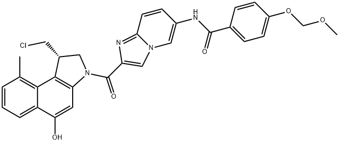Benzamide, N-[2-[[(1S)-1-(chloromethyl)-1,2-dihydro-5-hydroxy-9-methyl-3H-benz[e]indol-3-yl]carbonyl]imidazo[1,2-a]pyridin-6-yl]-4-(methoxymethoxy)- 化学構造式