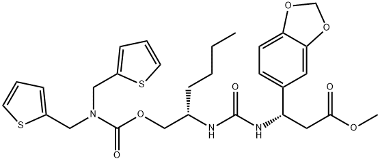 9-Oxa-4,6,11-triazadodecanoic acid, 3-(1,3-benzodioxol-5-yl)-7-butyl-5,10-dioxo-12-(2-thienyl)-11-(2-thienylmethyl)-, methyl ester, (3S,7S)- Structure
