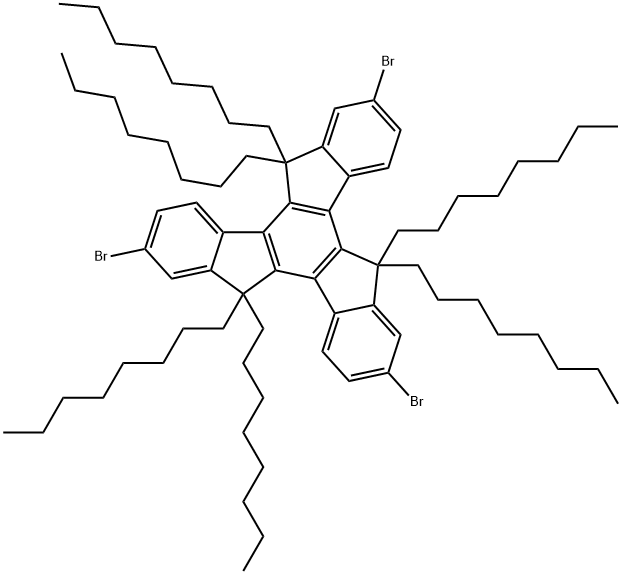 5H-Tribenzo[a,f,k]trindene, 2,7,12-tribromo-10,15-dihydro-5,5,10,10,15,15-hexaoctyl-, 1379471-09-6, 结构式