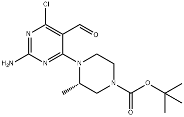 1-Piperazinecarboxylic acid, 4-(2-amino-6-chloro-5-formyl-4-pyrimidinyl)-3-methyl-, 1,1-dimethylethyl ester, (3S)- 化学構造式