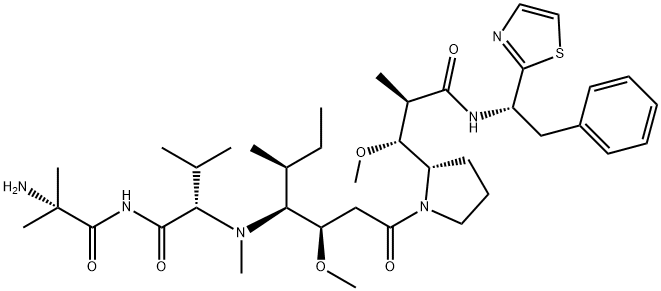 N-[(1S)-1-(2-チアゾリル)-2-フェニルエチル]-3-[(2S)-1-[(3R,4S,5S)-3-メトキシ-4-[メチル[N-(2-アミノ-2-メチルプロパノイル)-L-Val-]アミノ]-5-メチルヘプタノイル]ピロリジン-2-イル]-O-メチル-L-チロシンアミド 化学構造式