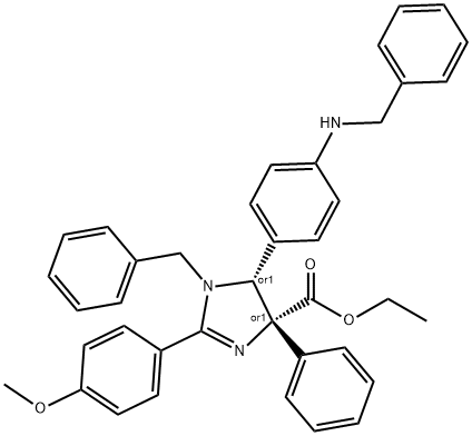 1H-Imidazole-4-carboxylic acid, 4,5-dihydro-2-(4-methoxyphenyl)-4-phenyl-1-(phenylmethyl)-5-[4-[(phenylmethyl)amino]phenyl]-, ethyl ester, (4R,5R)-rel-,1446350-60-2,结构式