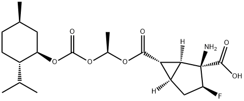 Bicyclo[3.1.0]hexane-2,6-dicarboxylic acid, 2-amino-3-fluoro-, 6-[(1S)-1-[[[[(1R,2S,5R)-5-methyl-2-(1-methylethyl)cyclohexyl]oxy]carbonyl]oxy]ethyl] ester, (1S,2S,3S,5R,6S)- Struktur