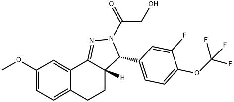 Ethanone, 1-[(3S,3aS)-3-[3-fluoro-4-(trifluoromethoxy)phenyl]-3,3a,4,5-tetrahydro-8-methoxy-2H-benz[g]indazol-2-yl]-2-hydroxy- Struktur